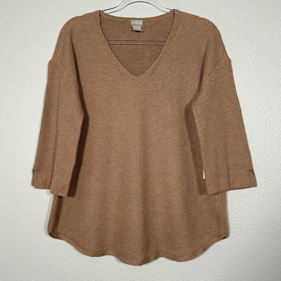 Chicos size 2 Large pullover rib sweater 3/4 sleeve brown cotton shirttail hem - Picture 1 of 12